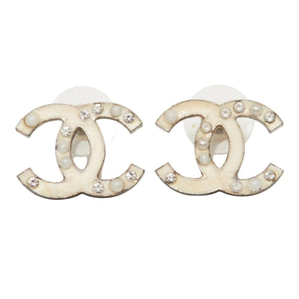Chanel Coco Mark Stud Earrings 07A White Rhinestone Faux Pearl Women's CHANEL